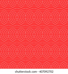 Seamless pattern of thin lines of white concentric circles on a bright red background.