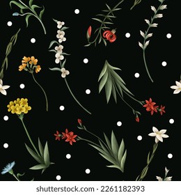 Seamless pattern with thin meadow flowers and dots. Vector