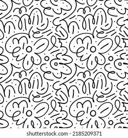 Seamless pattern with thin organic curved lines. Fun black line doodle vector seamless pattern. Hand drawn ink ornament with simple swirls and small dots. Hipster fashion Memphis style background