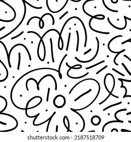 Seamless pattern with thin organic curved lines. Fun black line doodle vector seamless pattern. Hand drawn ink ornament with simple swirls and small dots. Hipster fashion Memphis style background