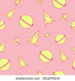 seamless pattern with thin outline space world isolated on pink background. hand drawn vector. modern scribble for kids, fabric, cover, wallpaper, wrapping paper and gift. cartoon concept illustration