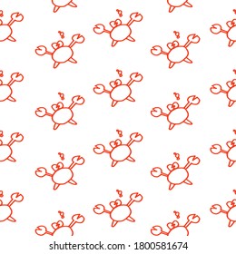 Seamless pattern with thin red outline cute crab with bubble isolated on white background. hand drawn vector. doodle animal for kids, fabric, cover, backdrop, wallpaper, wrapping paper and gift. 
