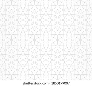 Seamless pattern with thin straight and curl lines, stars and scrolls. Monochrome vector abstract floral background. Decorative lattice in Arabic style. Design for textile, fabric and wrapping.