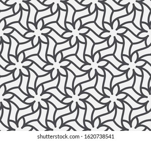 Seamless pattern with thin Stylized flowers, branches and scrolls. Monochrome abstract floral pattern. Decorative lattice with stylized flowers and leaves. Modern swatch for vector design.