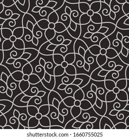 Diseño sin inconvenientes con flores, ramas y rollos finos estilizados. Patrón floral abstracto monocromo. Entramado decorativo con flores estilizadas y hojas. Muestra moderna para el diseño vectorial.
