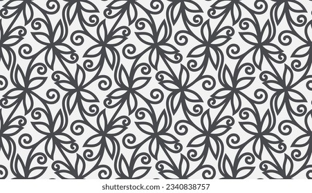 Seamless pattern with thin Stylized flowers, branches and scrolls. Monochrome abstract floral pattern. Decorative lattice with stylized flowers and leaves. Modern swatch for vector design.