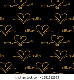 Seamless pattern with thin thread heart shapes. Gold elements on black background. Vector illustration.