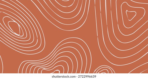 Um padrão sem emenda de linhas de contorno finas e brancas que lembram mapas topográficos, em um fundo de terracota quente.