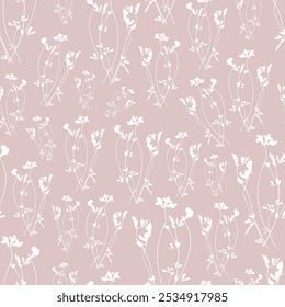 Seamless pattern of thin, white floral silhouettes on a muted, dusty pink background. Ideal for wallpaper, fabric, or home decor with a feminine, serene vibe.