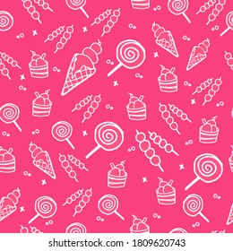 seamless pattern with thin white outline lollipop and ice cream illustration isolated on pink background. hand drawn vector. modern scribble for kid, wallpaper, fabric, cover, wrapping paper and gift.