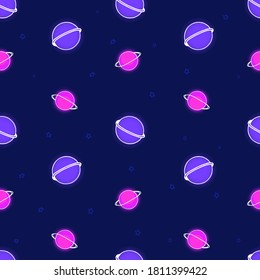 seamless pattern with thin white outline planet icon and star isolated on blue background. hand drawn vector. modern scribble for kids, fabric, cover, wallpaper, backdrop, wrapping paper and gift. 