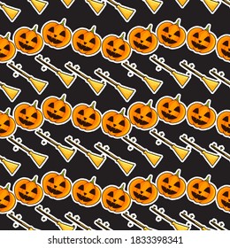 seamless pattern with thin white outline jack o lantern pumpkin and magic broom on dark background. hand drawn vector. doodle halloween party for wallpaper, cover, fabric, wrapping paper and gift. 