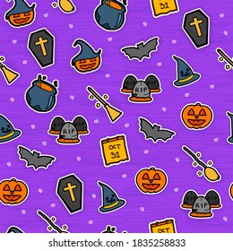 seamless pattern with thin white outline halloween background. hand drawn vector. doodle halloween on violet background for kids, wallpaper, cover, greeting, poster, backdrop, wrapping paper and gift.