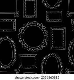 Patrón sin inconvenientes marcos de doodle blanco delgado sobre un fondo negro. Sencillos marcos de fotos dibujados a mano, envoltura de regalo, papel pintado.