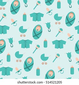 Seamless pattern with things for newborn baby boy in blue tones. Baby bottle, nipple, rattle, pram, baby's loose jacket, baby. EPS10 vector illustration.