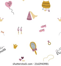 Seamless pattern with things for the princess. Vector illustration isolated on white background for nursery or textile decoration