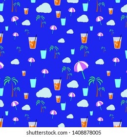 Seamless pattern of the things that remind Summer vacation beach tropical palmtree drink parasol cloud etc