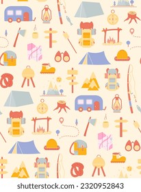 Patrón sin inconvenientes con las cosas para viajar a las montañas. Pesca y camping de verano. Camina con mochilas, descansa en el bosque. papel tapiz de diseño de material de objeto de impresión. ilustración vectorial de fondo