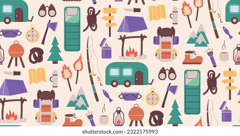 Seamless pattern with things for traveling to the mountains. Fishing and summer camping. Hike with backpacks, rest in the forest. print object stuff design wallpaper. background vector illustration