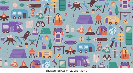 Seamless pattern with things for traveling to the mountains. Fishing and summer camping. Hike with backpacks, rest in the forest. print object stuff design wallpaper. background vector illustration