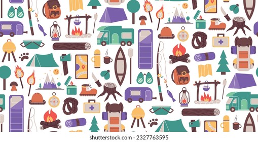 Seamless pattern with things for traveling to the mountains. Fishing and summer camping. Hike with backpacks, rest in the forest. print object stuff design wallpaper. background vector illustration
