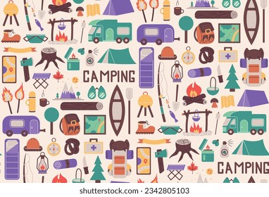 Nahtlose Muster mit Sachen für Reisen in die Berge. Fischen und Sommercampen. Wandern mit Rucksäcken, ruhen Sie im Wald. Bildschirmhintergrund für das Design von Objekten. Hintergrund-Vektorgrafik