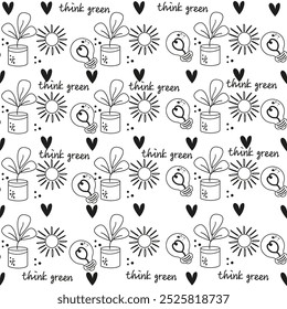 Seamless pattern think green outline doodle eco friendly