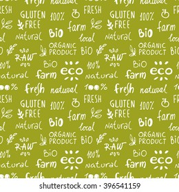 Seamless pattern this organic food labels. Vector vintage badges for restaurant menu or food package design. Vintage organic harvest stamps. Fresh healthy food pattern.