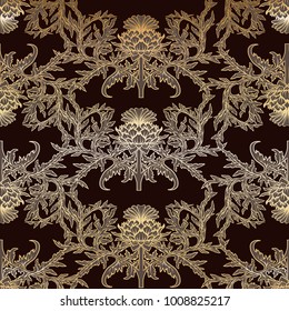  Seamless pattern with thistle flower, background in 
 art nouveau style, vintage, old, retro style. In gold and black colors.
 Stock vector illustration.