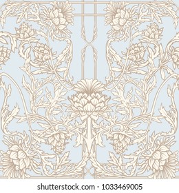  Seamless pattern with thistle flower, background in 
 art nouveau style, vintage, old, retro style.
 Stock vector illustration.