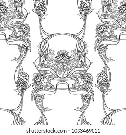  Seamless pattern with thistle flower, background in 
 art nouveau style, vintage, old, retro style. Outline drawing.
 Stock vector illustration.