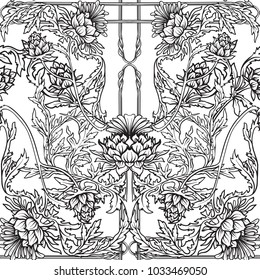  Seamless pattern with thistle flower, background in 
 art nouveau style, vintage, old, retro style. Outline drawing.
 Stock vector illustration.