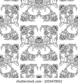  Seamless pattern with thistle flower, background in 
 art nouveau style, vintage, old, retro style. Outline drawing.
 Stock vector illustration.