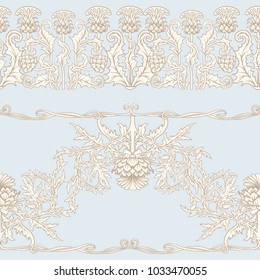  Seamless pattern with thistle flower, background in 
 art nouveau style, vintage, old, retro style.
 Stock vector illustration.