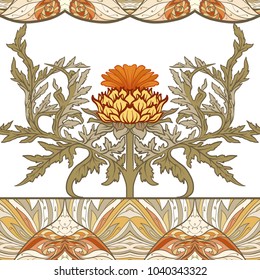  Seamless pattern with thistle flower, background in 
 art nouveau style, vintage, old, retro style.
 Stock vector illustration.