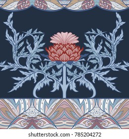 Seamless pattern with thistle flower, background in art nouveau style, vintage, old, retro style. Stock vector illustration.