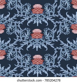 Seamless pattern with thistle flower, background in art nouveau style, vintage, old, retro style. Stock vector illustration.