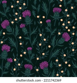 Seamless pattern with thistle flowers. Vector graphics.