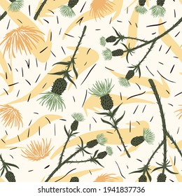 Seamless pattern thistle on yellow background. Beautiful hand drawn burdock for design fabric. Summer botanical template green colors. Spring floral vector illustration.