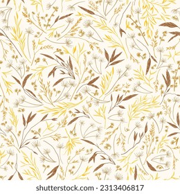 Seamless pattern with thousand wild grass . Golden autumn ornament. Vector  illustration. Botanical background. Reeds, pampas grass, dried grass. Engraving style. 