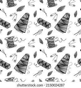 Seamless pattern of thread, needles and pins, hand-drawn doodle elements in sketch style. Sewing thread, needle, pins. Sewing. Embroidery. Thread. Handmade. Vector simple illustration.