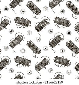Seamless pattern of thread spools and buttons, hand-drawn doodles in sketch style. Thread. Button. Handmade. Thread. Vector simple illustration.