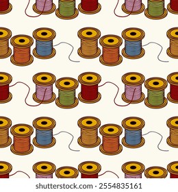 Seamless pattern with thread spools - hand drawn vector illustration.