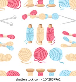 Seamless pattern. Threads for sewing for cross stitching set tools for sewing knitting needles vector wool knitwear yarn thread knitting weaving wool vector cartoon illustration multi-coloured