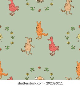 seamless pattern with three animals - dog,cock and fox