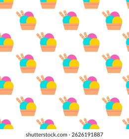 Seamless Pattern. Three balls Ice cream in cup with waffle tubes. Sweet food. Vector flat illustration.