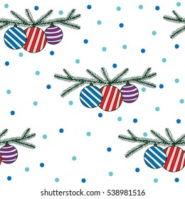 Seamless pattern with three bell on fir branches. Vector for banner, card, invitation, textile, fabric, wrapping paper.
