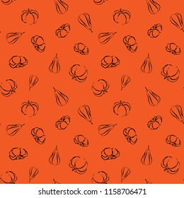 seamless pattern three black ink pumpkins on orange backtround