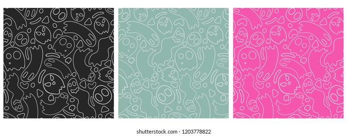 Seamless pattern in three colors with cute hand drawn ghosts. Suitable for textile such as bed sheets pattern, kids clothing, bags and shoes. 