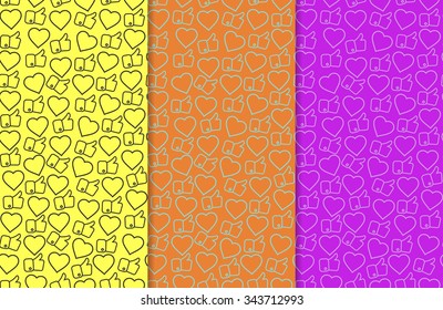 Seamless pattern in three colour variations. Likes and hearts, social media icons. eps10